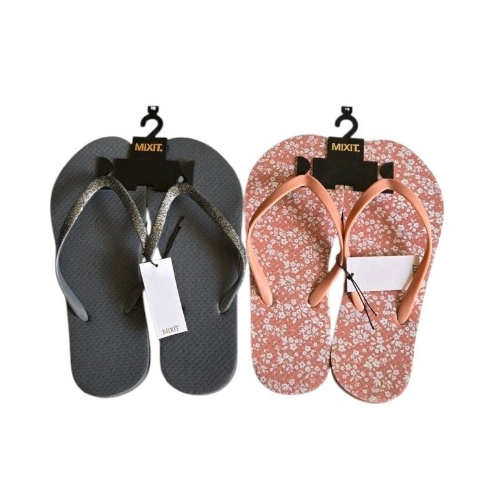 Lot Of 2 Pairs Mixit Flip Flops Womens 7/8 Floral Print Gray Glitter Sandals